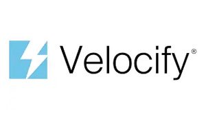 The logo of Velocify in blue and black with white background