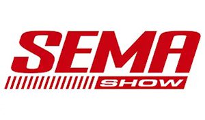 The logo of sema show in red with white background