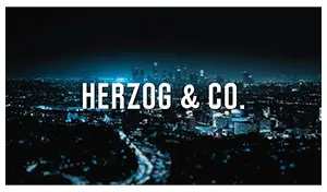 The logo of herzog and co in white with a city in background